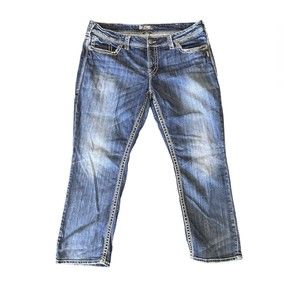 Silver Womens Suki Mid Straight Jeans Size 20 X 30 Dark Wash Distressed Pants